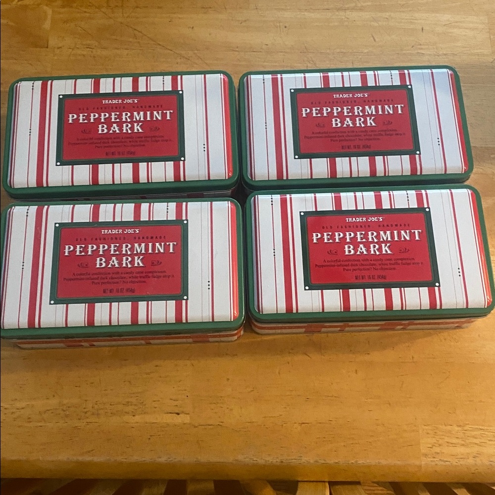 4 empty Trader Joe’s Peppermint Bark Tins- Use for cookies candy storage Festive